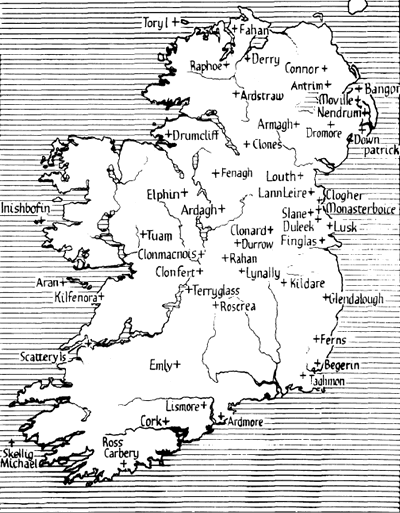 Map showing many of Ireland's great monastic foundations.