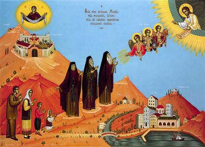 Painting illustrating the dictum of Saint John Climacos: Angels are the light of monastics, while the monastic way of life is a light for all men.