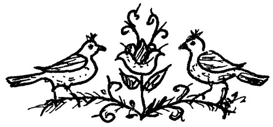 Two small birds facing each other on either side of a flowering plant with curling tendrils, in a whimsical folk-art line drawing style