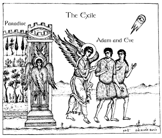 The Exile from Paradise, showing an angel with a flaming sword driving Adam and Eve away from the gates of Paradise, labeled in English