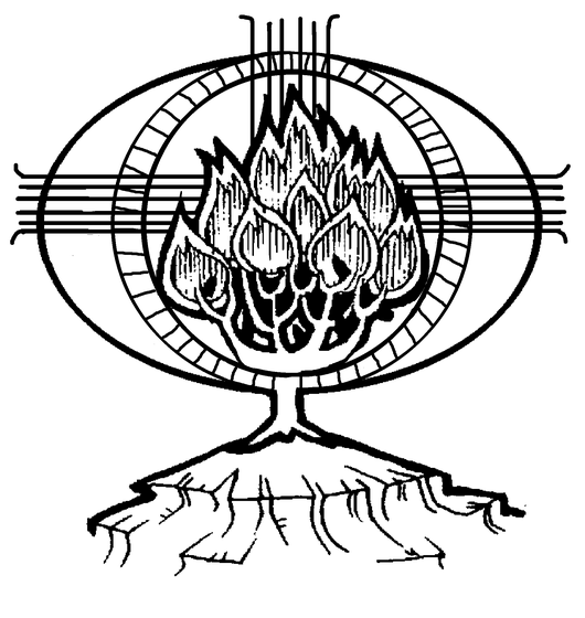 The Burning Bush depicted as a stylized tree engulfed in flames within a circular frame, with roots extending below, rendered in a modern iconographic line drawing