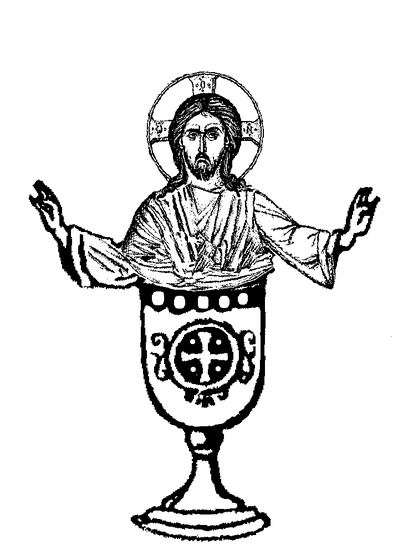 Christ with arms outstretched rising from a chalice bearing a cross emblem, symbolizing the Eucharistic sacrifice
