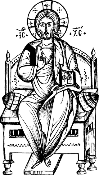 Christ Pantocrator seated on a throne holding a Gospel book, flanked by candles, with the Christogram IC XC