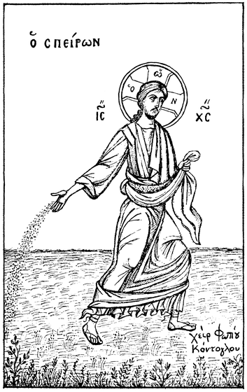 Christ depicted as the Sower (Ho Speiron), walking and scattering seeds with a graceful motion, with a cruciform halo and Greek inscription