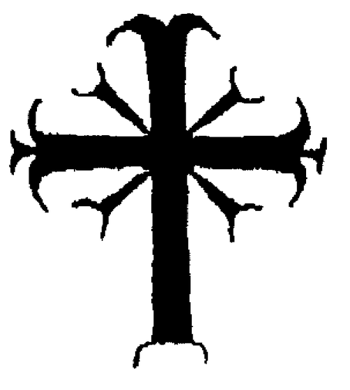 A bold black silhouette of a flared Byzantine-style cross with leaf-like extensions at the arm intersections