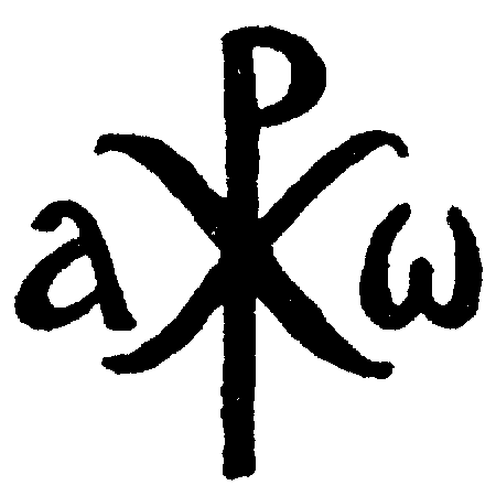 A simple Chi-Rho monogram with Alpha and Omega letters, rendered in a loose hand-drawn brush style