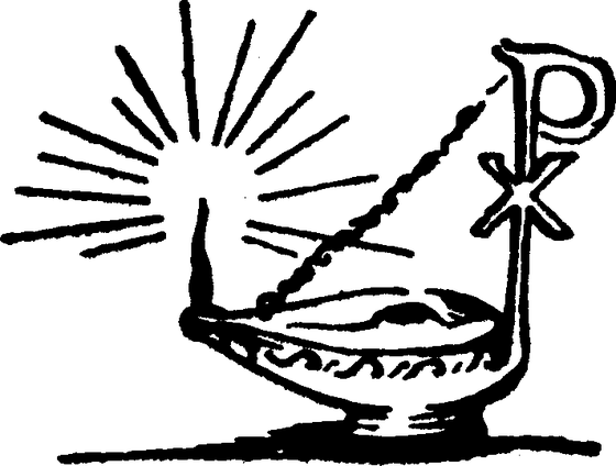 An oil lamp with a Chi-Rho symbol radiating beams of light, depicted in a simple line drawing style evoking early Christian imagery