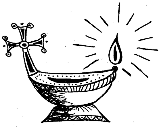 A decorative oil lamp with a cross at one end and a bright flame at the other, rendered in a bold folk art style