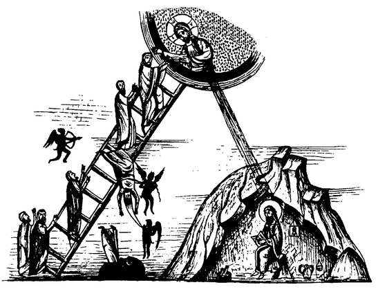 The Ladder of Divine Ascent scene with monks climbing a ladder toward Christ who receives them at the top, while demons drag others down and a holy figure watches from a cave below