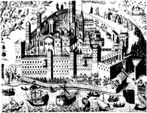 A large panoramic view of Vatopedi Monastery on Mount Athos, one of the largest monasteries, shown as a vast complex with multiple churches, towers, and buildings along the coast with ships