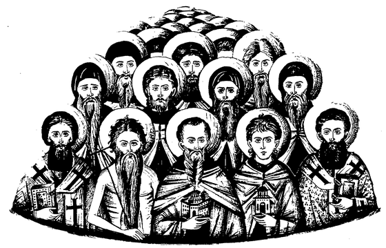Black-and-white line drawing showing a semicircular arrangement of approximately fifteen Athonite saints, depicted as haloed monks and bishops with varied appearances including bearded ascetics, young monastics, and hierarchs holding crosses and books