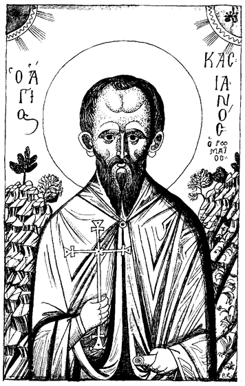 Black-and-white line drawing icon of Saint John Cassian the Roman, depicted as a monastic figure with a beard, halo, and monastic robes