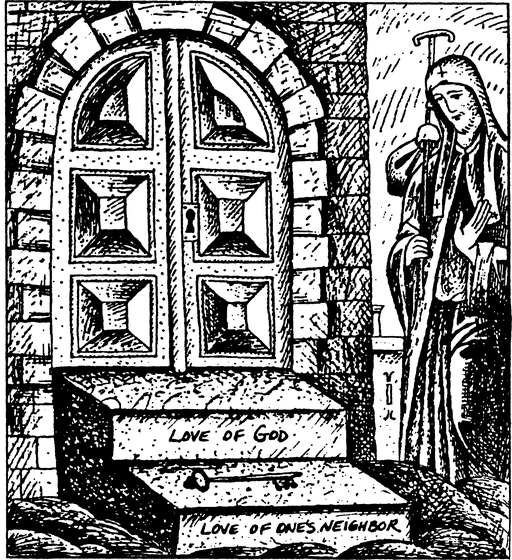 A monastic figure approaches a doorway with steps labeled 'Love of God' and 'Love of One's Neighbor,' illustrating the inseparable connection between the two great commandments