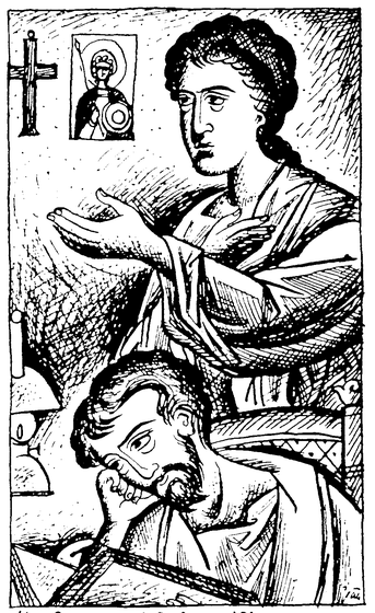 Two figures study together before a cross and icon, depicting communal spiritual reading and the shared pursuit of sacred knowledge